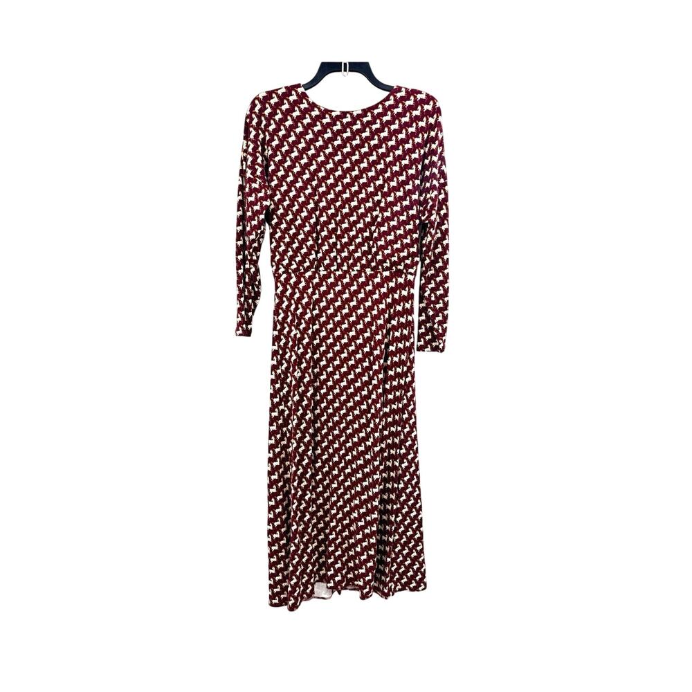 Ann Taylor Size 10 White Mustang Horse Dress Long Sleeve Midi Skirt Zip Back Red